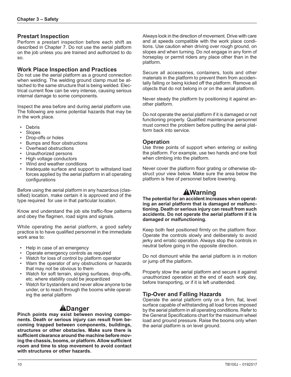 Prestart inspection, Work place inspection and practices, Operation | Tip-over and falling hazards, Danger, Warning | Snorkel TB100J Manufactured/EMS Kits 7-05 and after User Manual | Page 14 / 74