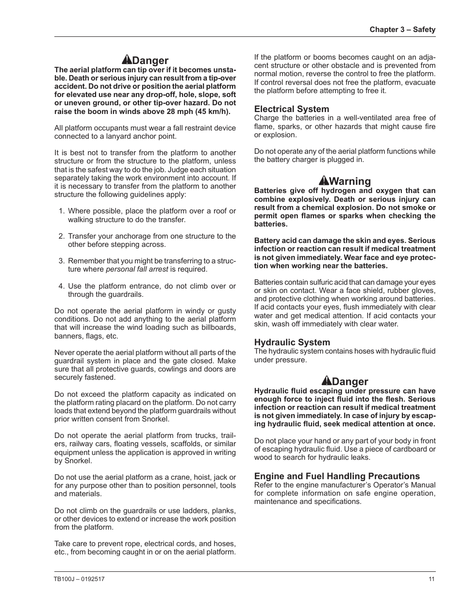 Electrical system, Hydraulic system, Engine and fuel handling precautions | Danger, Warning | Snorkel TB100J Manufactured/EMS Kits 7-05 and after User Manual | Page 15 / 74