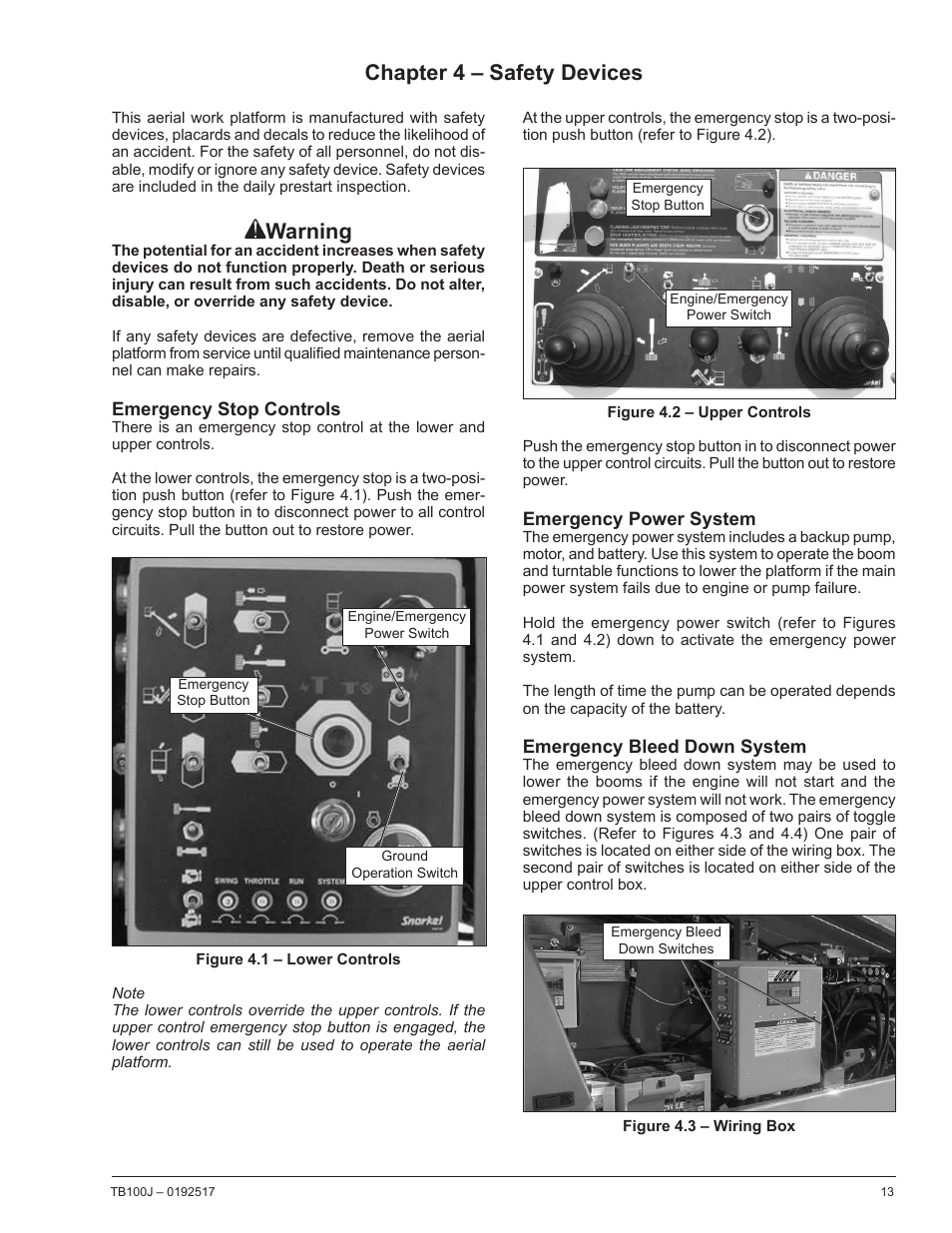 Chapter 4 – safety devices, Emergency stop controls, Emergency power system | Emergency bleed down system, Warning | Snorkel TB100J Manufactured/EMS Kits 7-05 and after User Manual | Page 17 / 74