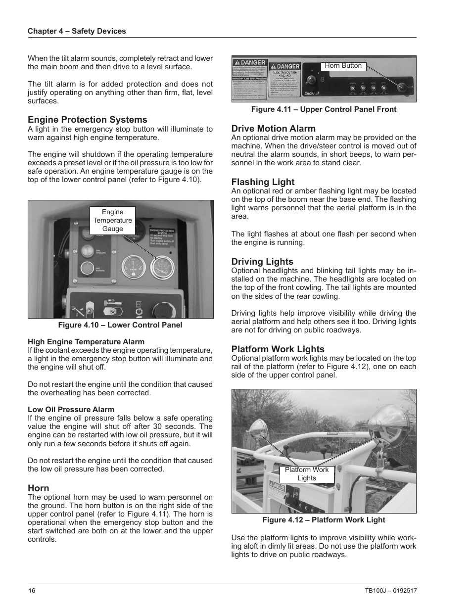 Engine protection systems, High engine temperature alarm, Low oil pressure alarm | Horn, Drive motion alarm, Flashing light, Driving lights, Platform work lights | Snorkel TB100J Manufactured/EMS Kits 7-05 and after User Manual | Page 20 / 74