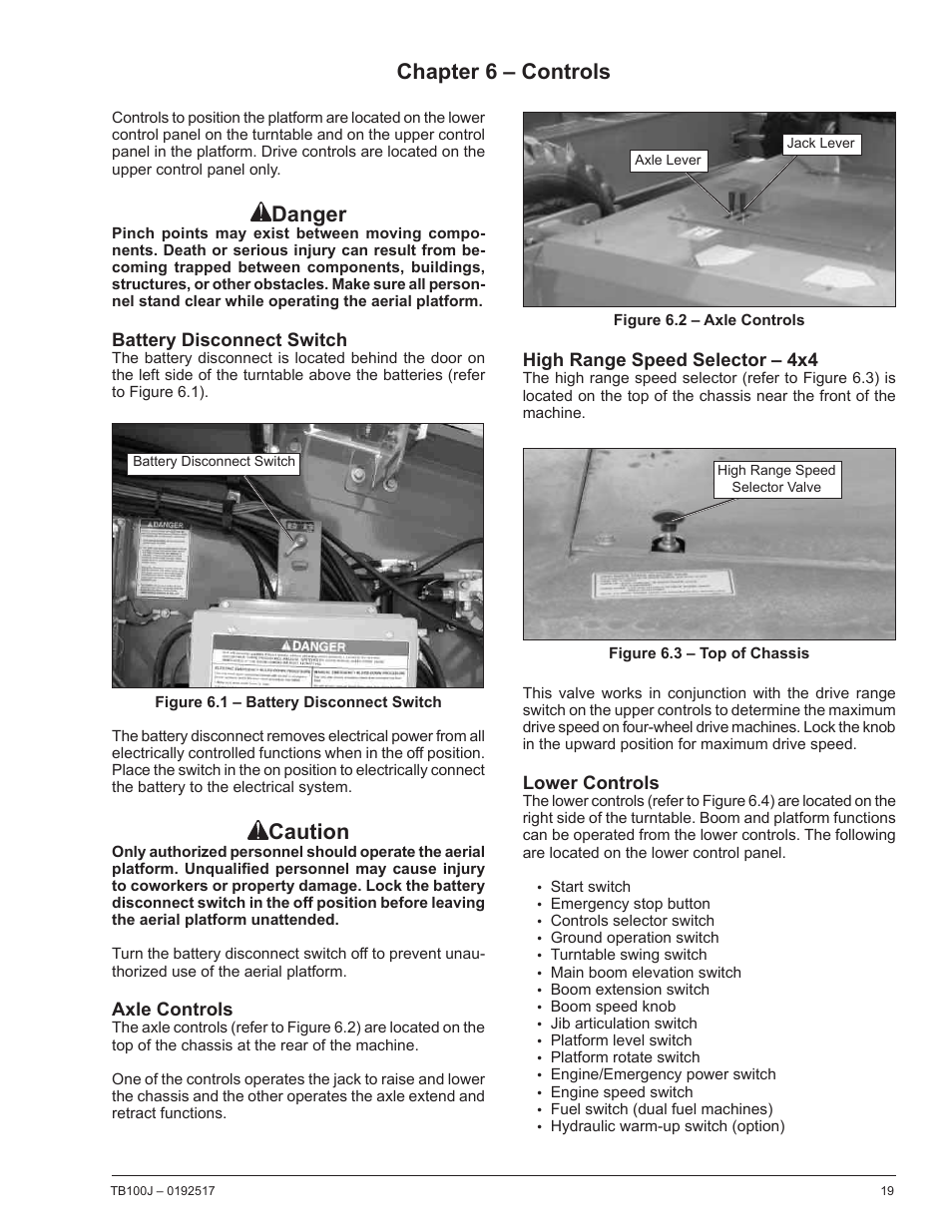 Chapter 6 – controls, Battery disconnect switch, Axle controls | High range speed selector – 4x4, Lower controls, Danger, Caution | Snorkel TB100J Manufactured/EMS Kits 7-05 and after User Manual | Page 23 / 74