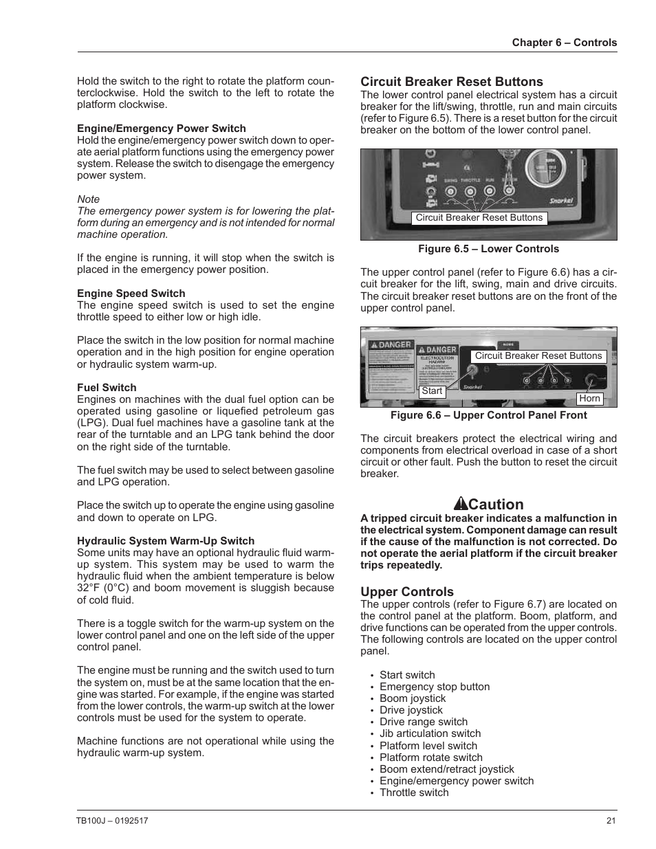 Engine/emergency power switch, Engine speed switch, Fuel switch | Hydraulic system warm-up switch, Circuit breaker reset buttons, Upper controls, Caution | Snorkel TB100J Manufactured/EMS Kits 7-05 and after User Manual | Page 25 / 74