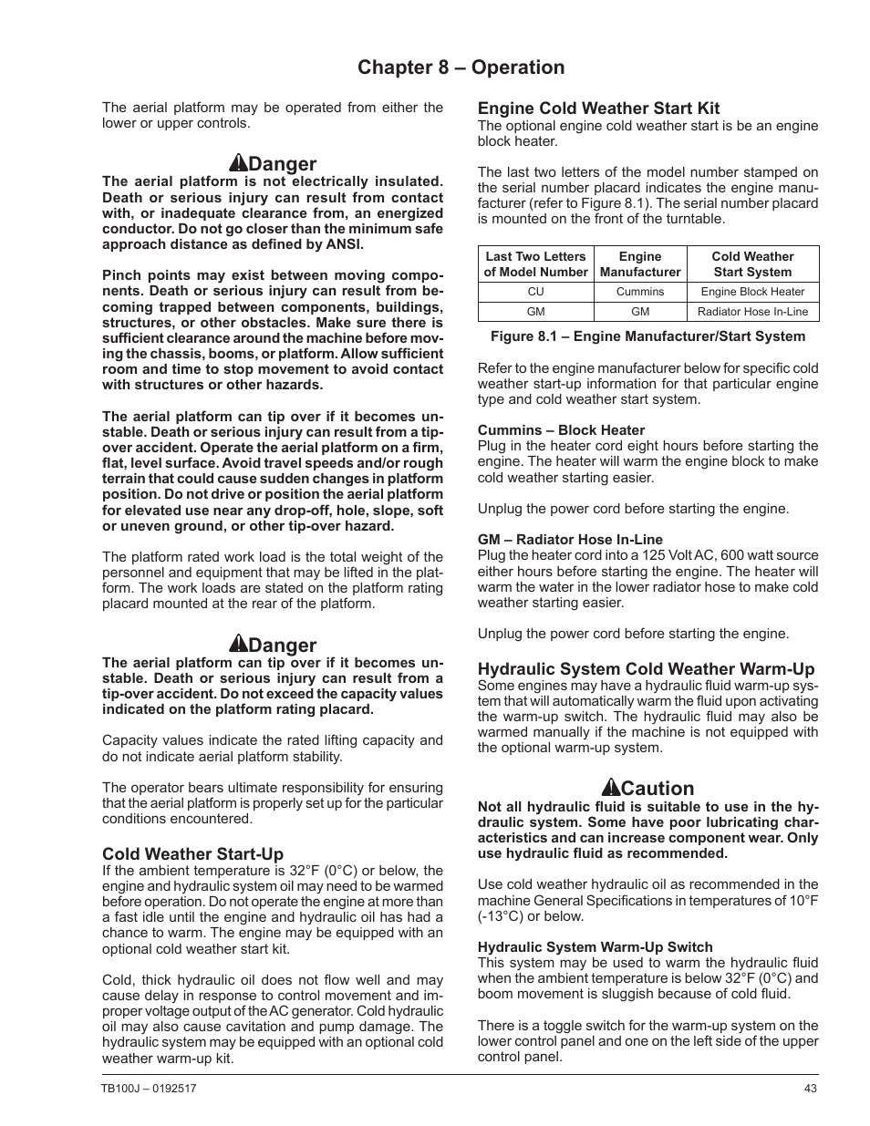 Chapter 8 – operation, Cold weather start-up, Engine cold weather start kit | Cummins – block heater, Gm – radiator hose in-line, Hydraulic system cold weather warm-up, Hydraulic system warm-up switch, Danger, Caution | Snorkel TB100J Manufactured/EMS Kits 7-05 and after User Manual | Page 47 / 74