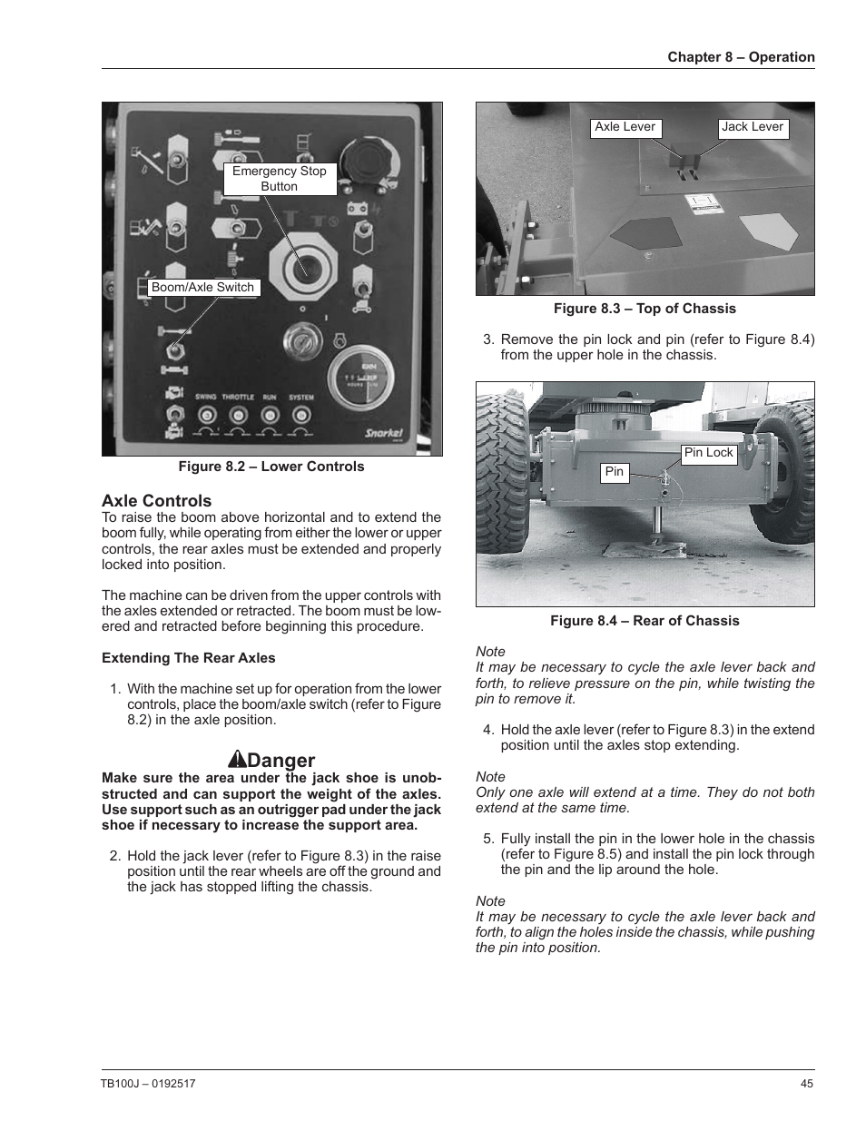 Axle controls, Extending the rear axles, Danger | Snorkel TB100J Manufactured/EMS Kits 7-05 and after User Manual | Page 49 / 74