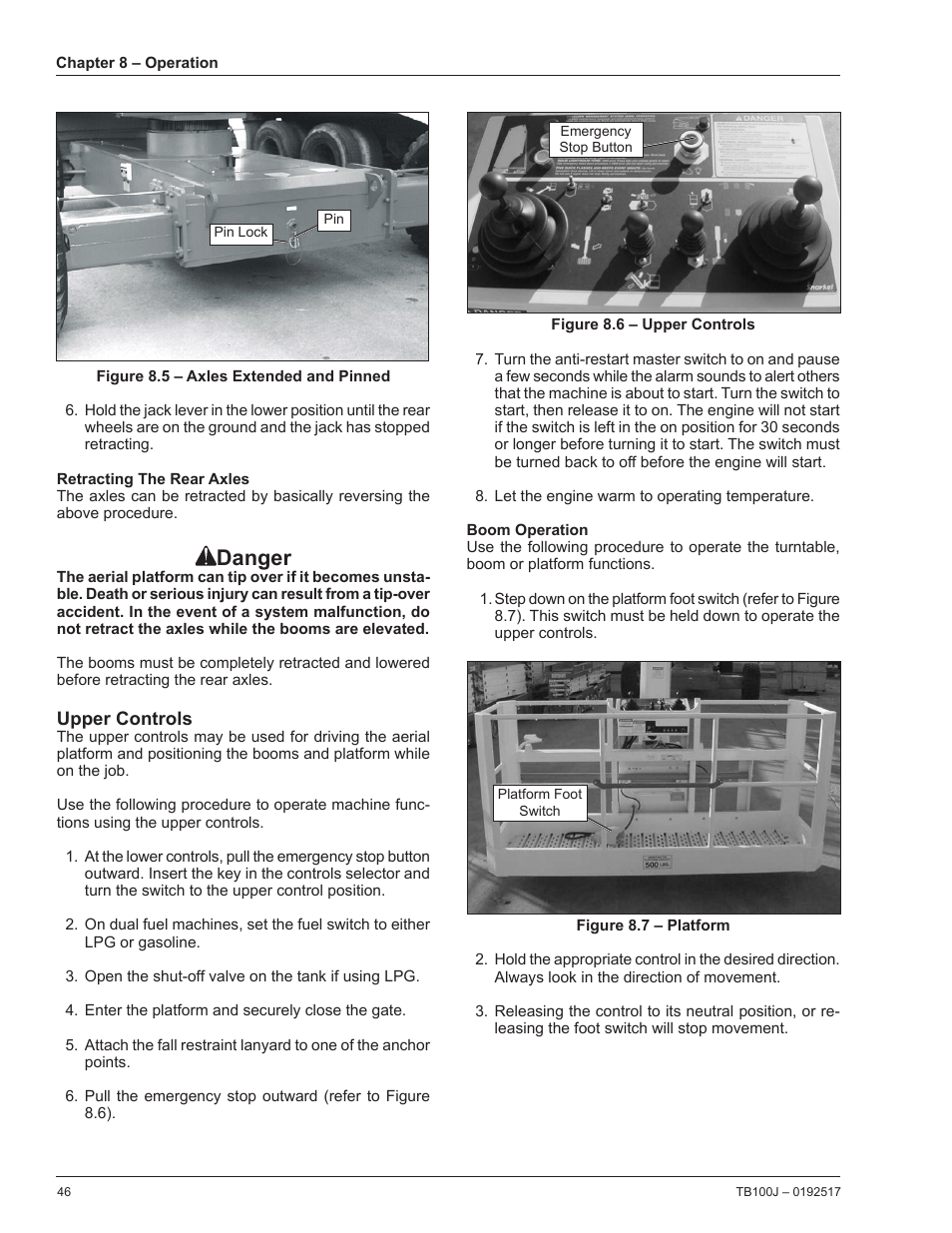 Retracting the rear axles, Upper controls, Boom operation | Danger | Snorkel TB100J Manufactured/EMS Kits 7-05 and after User Manual | Page 50 / 74