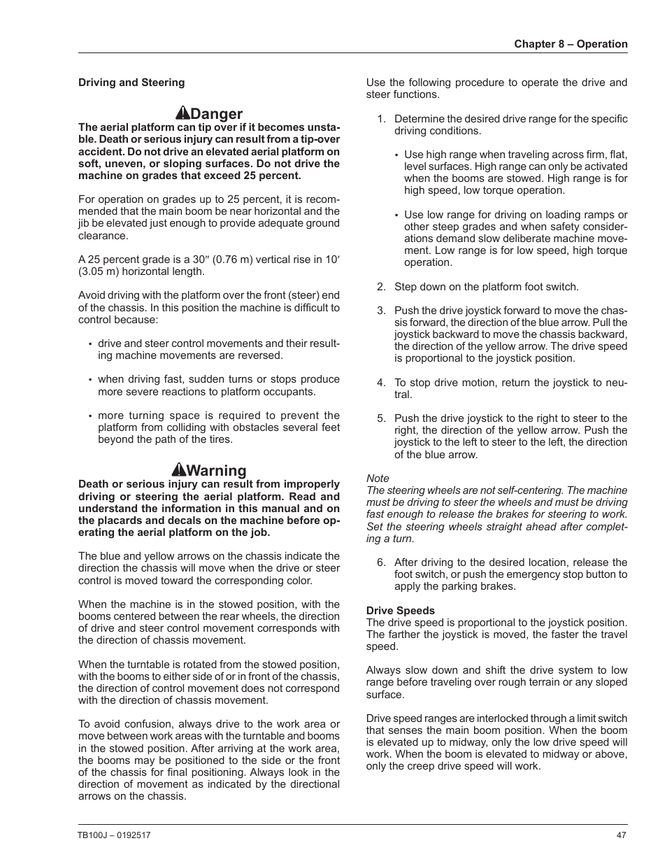 Driving and steering, Drive speeds, Danger | Warning | Snorkel TB100J Manufactured/EMS Kits 7-05 and after User Manual | Page 51 / 74