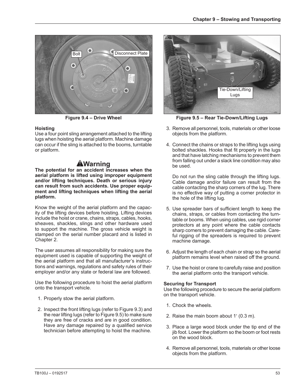 Hoisting, Securing for transport, Warning | Snorkel TB100J Manufactured/EMS Kits 7-05 and after User Manual | Page 57 / 74