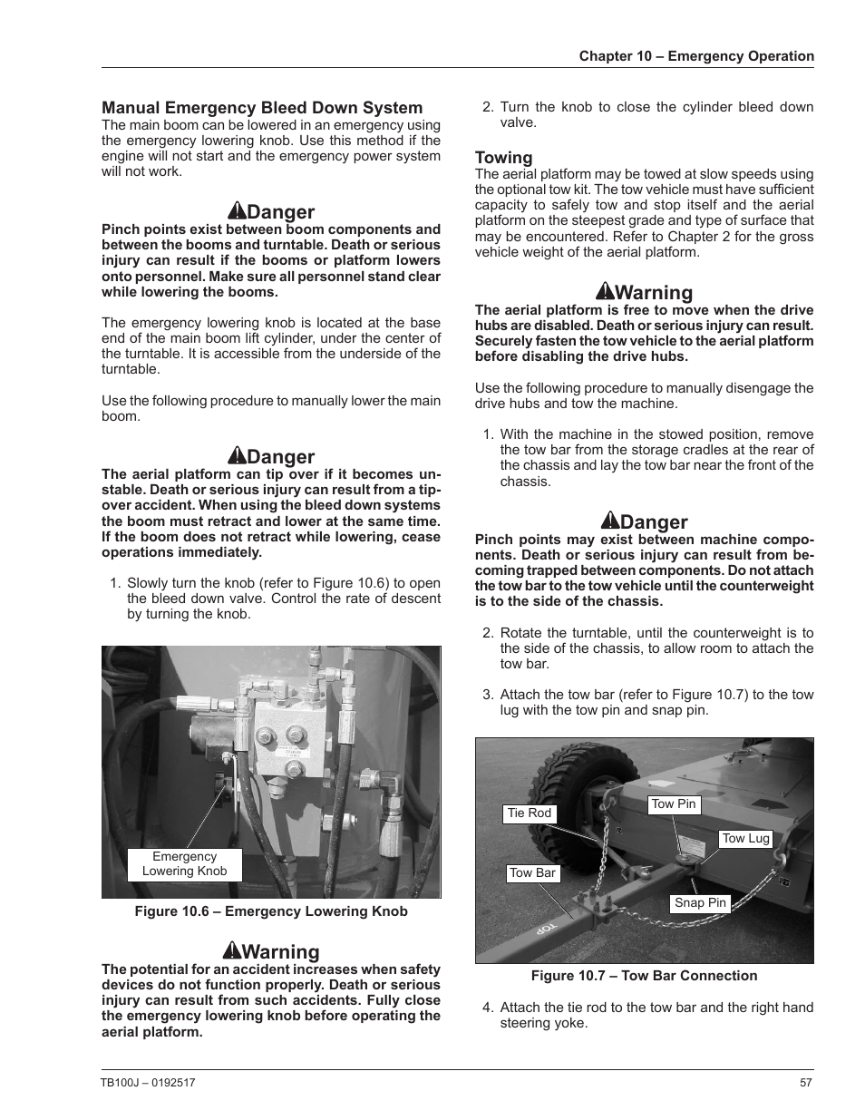 Manual emergency bleed down system, Towing, Danger | Warning | Snorkel TB100J Manufactured/EMS Kits 7-05 and after User Manual | Page 61 / 74