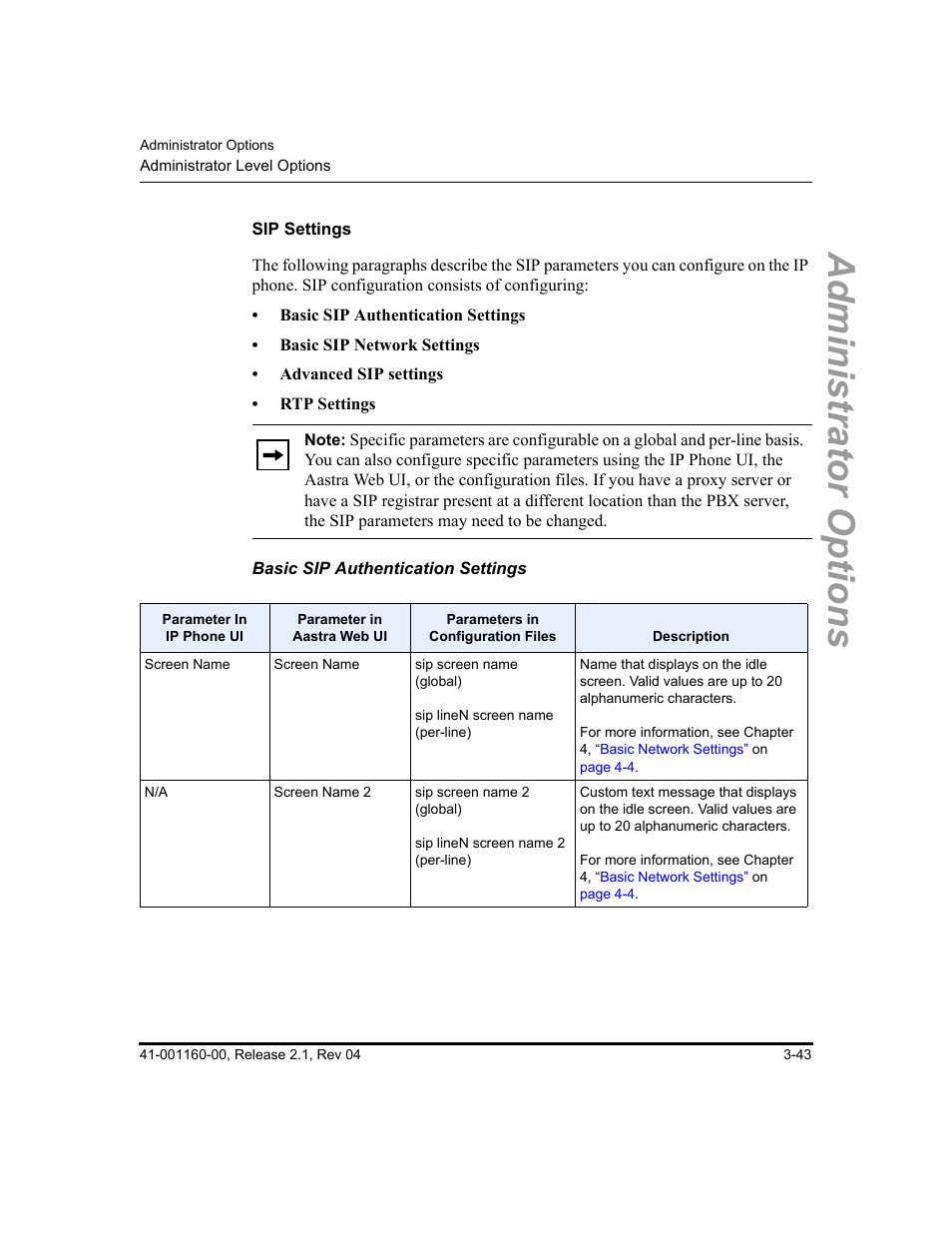 Sip settings, Basic sip authentication settings, Administrator options | Aastra Telecom SIP 57I User Manual | Page 101 / 818