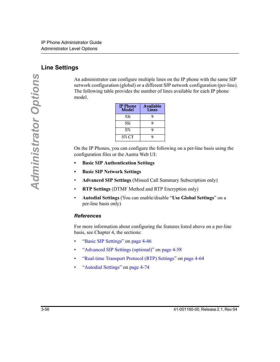 Line settings, References, Line settings -56 | Administrator options | Aastra Telecom SIP 57I User Manual | Page 114 / 818