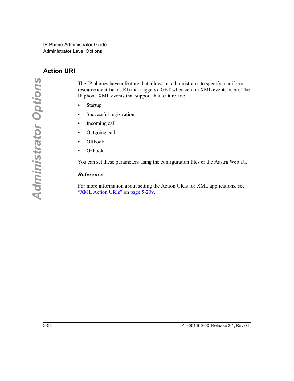 Action uri, Reference, Action uri -58 | Administrator options | Aastra Telecom SIP 57I User Manual | Page 116 / 818
