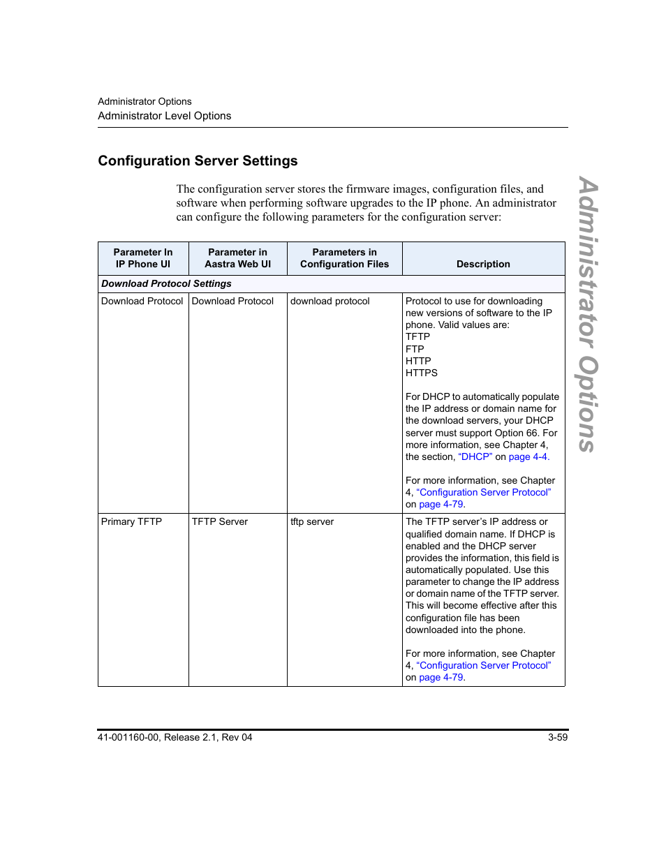 Configuration server settings, Configuration server settings -59, Administrator options | Aastra Telecom SIP 57I User Manual | Page 117 / 818