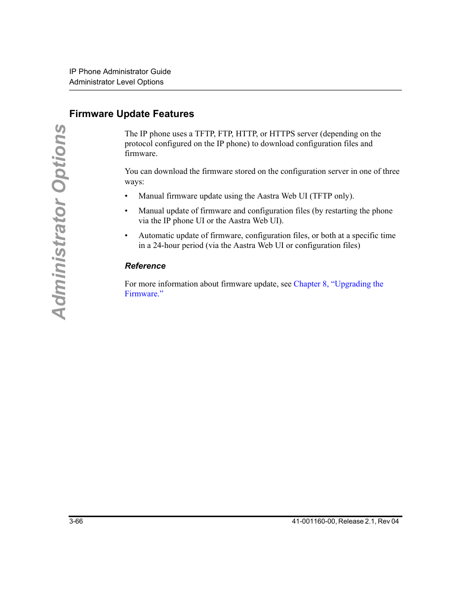 Firmware update features, Reference, Firmware update features -66 | Administrator options | Aastra Telecom SIP 57I User Manual | Page 124 / 818