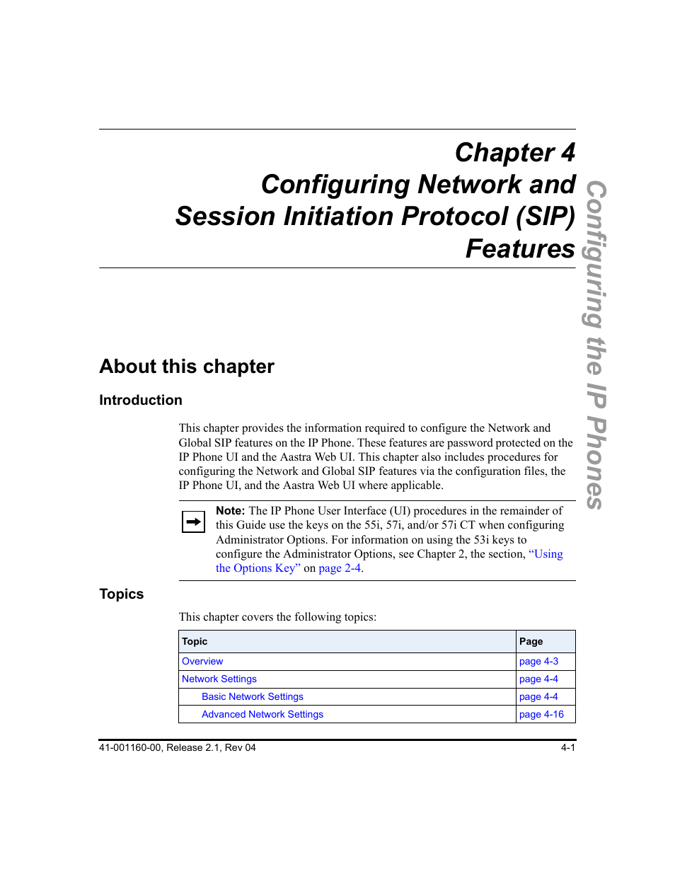 About this chapter, About this chapter -1, Chapter 4 | The section, Hone, see | Aastra Telecom SIP 57I User Manual | Page 125 / 818