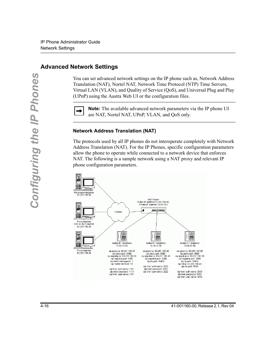 Advanced network settings, Network address translation (nat), Advanced network settings -16 | Configuring the ip phones | Aastra Telecom SIP 57I User Manual | Page 140 / 818