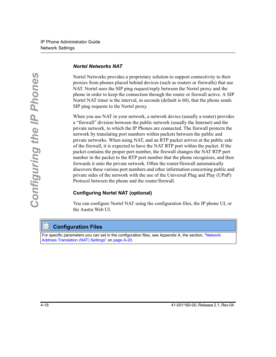 Nortel networks nat, Configuring nortel nat (optional), Configuring nortel nat | Optional), Configuring the ip phones | Aastra Telecom SIP 57I User Manual | Page 142 / 818