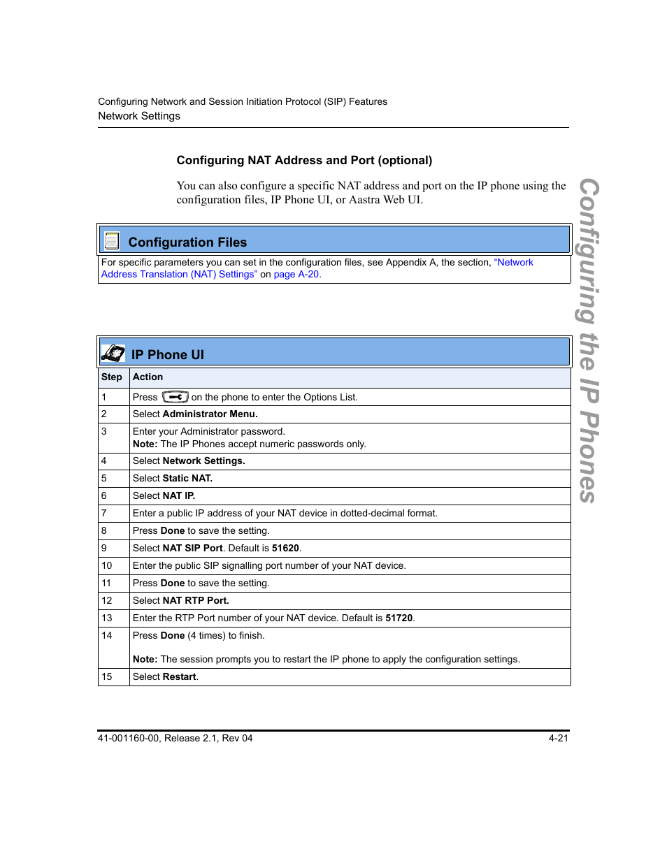 Configuring nat address and port (optional), Configuring nat address and, Port (optional) | Configuring the ip phones | Aastra Telecom SIP 57I User Manual | Page 145 / 818