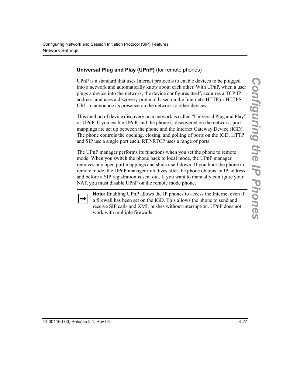 Universal plug and play (upnp) (for remote phones), Universal plug and play (upnp), For remote phones) | Configuring the ip phones | Aastra Telecom SIP 57I User Manual | Page 151 / 818