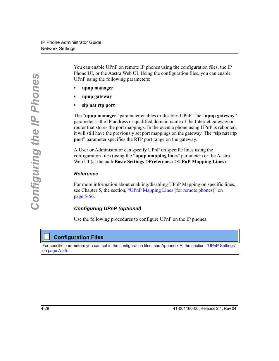 Reference, Configuring upnp (optional), Configuring the ip phones | Aastra Telecom SIP 57I User Manual | Page 152 / 818