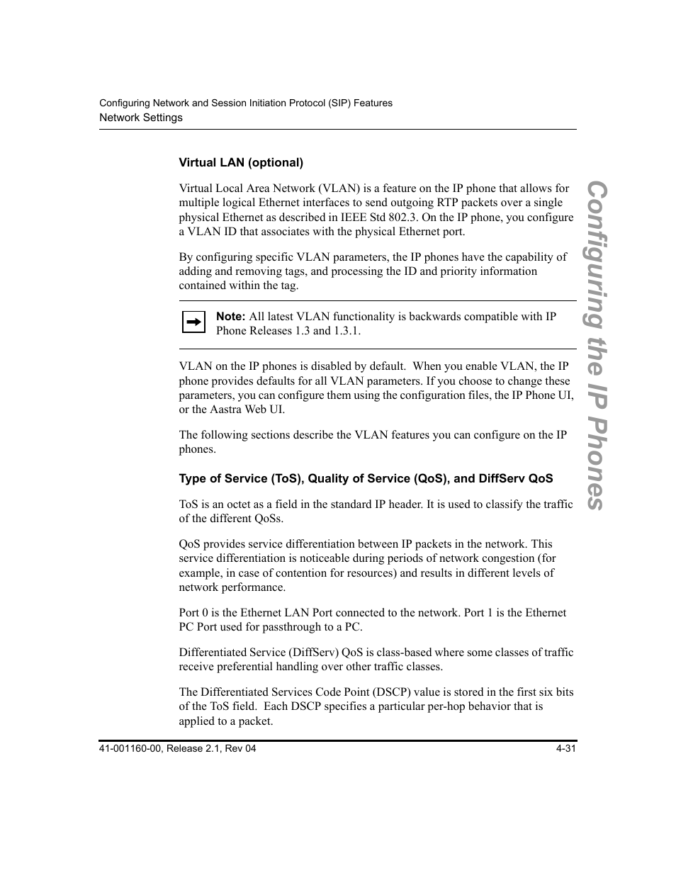 Virtual lan (optional), Type of service (tos), quality of, Service (qos), and diffserv qos | Configuring the ip phones | Aastra Telecom SIP 57I User Manual | Page 155 / 818
