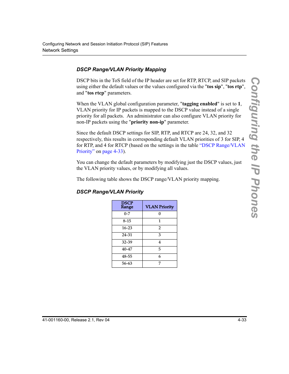 Dscp range/vlan priority mapping, Dscp range/vlan priority, Configuring the ip phones | Aastra Telecom SIP 57I User Manual | Page 157 / 818