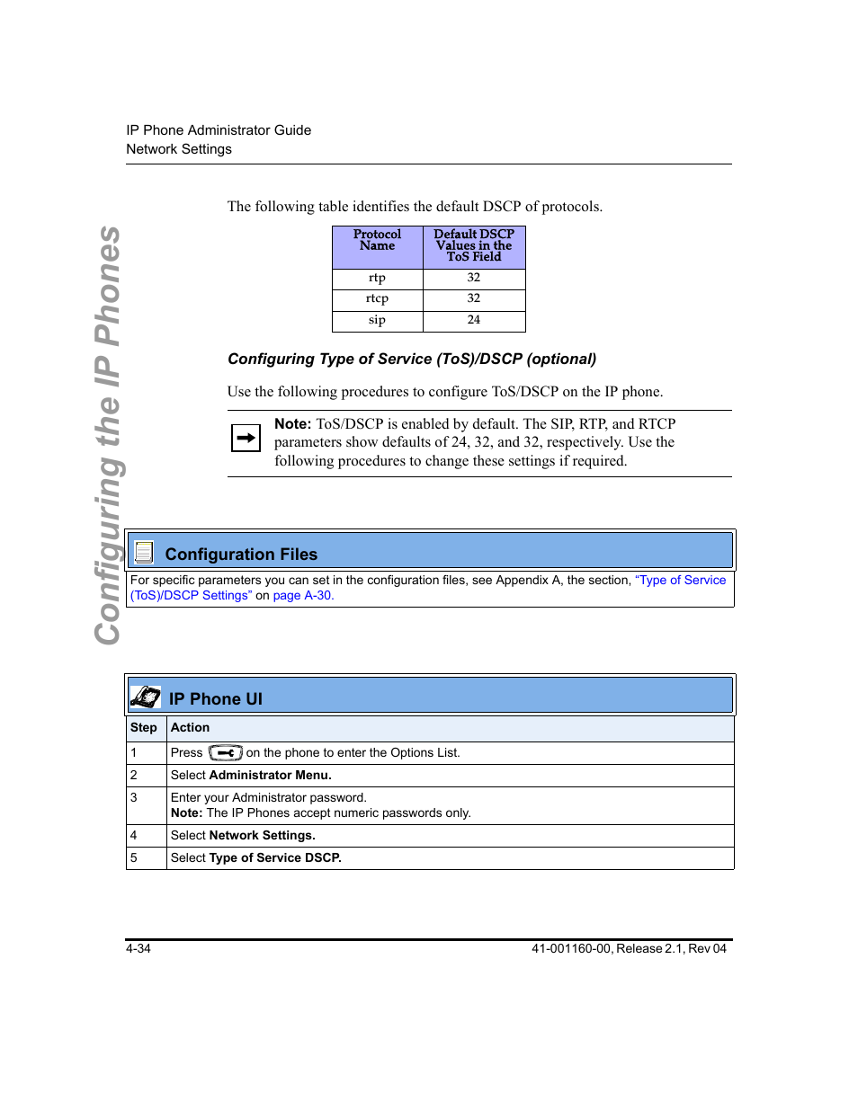 Configuring type of service (tos)/dscp (optional), Configuring the ip phones | Aastra Telecom SIP 57I User Manual | Page 158 / 818
