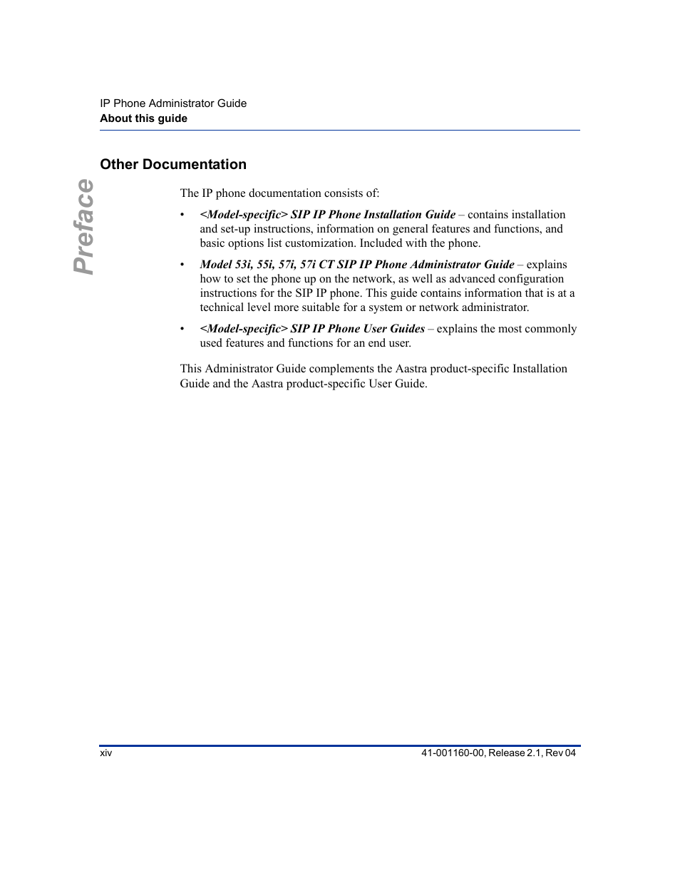 Other documentation, Preface | Aastra Telecom SIP 57I User Manual | Page 16 / 818
