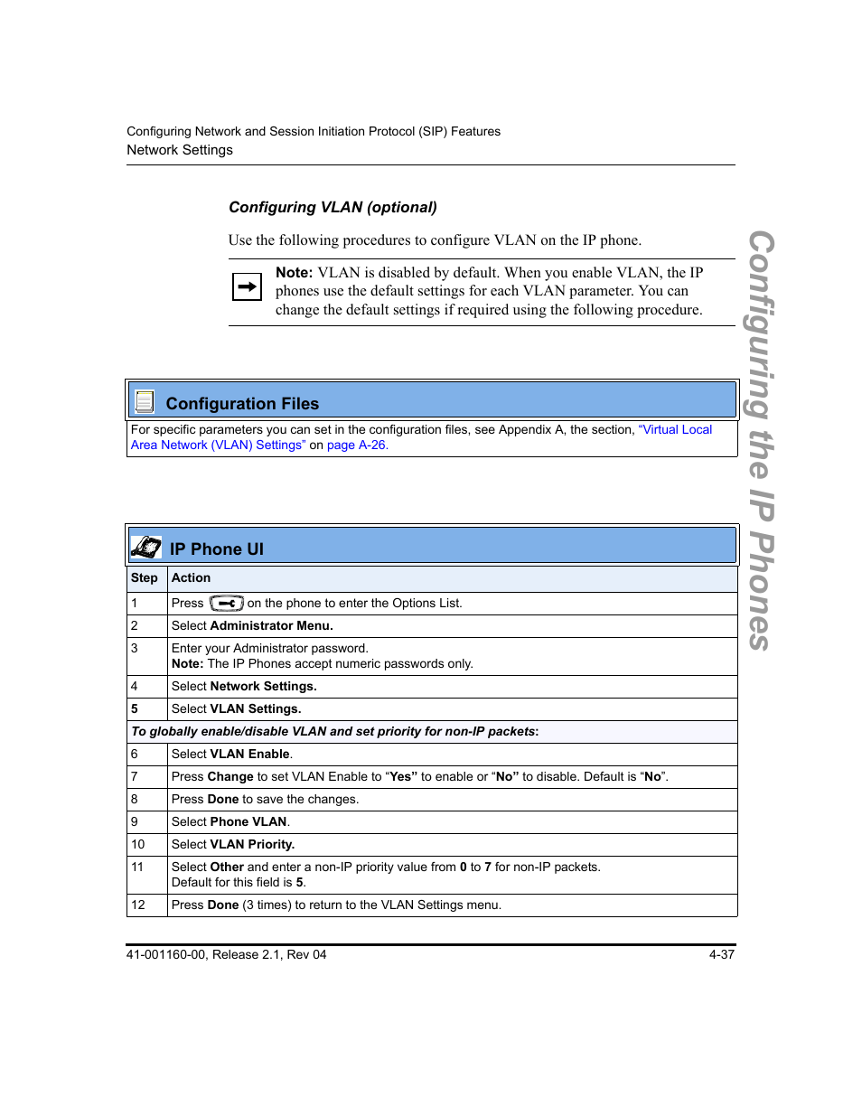 Configuring vlan (optional), Configuring the ip phones | Aastra Telecom SIP 57I User Manual | Page 161 / 818
