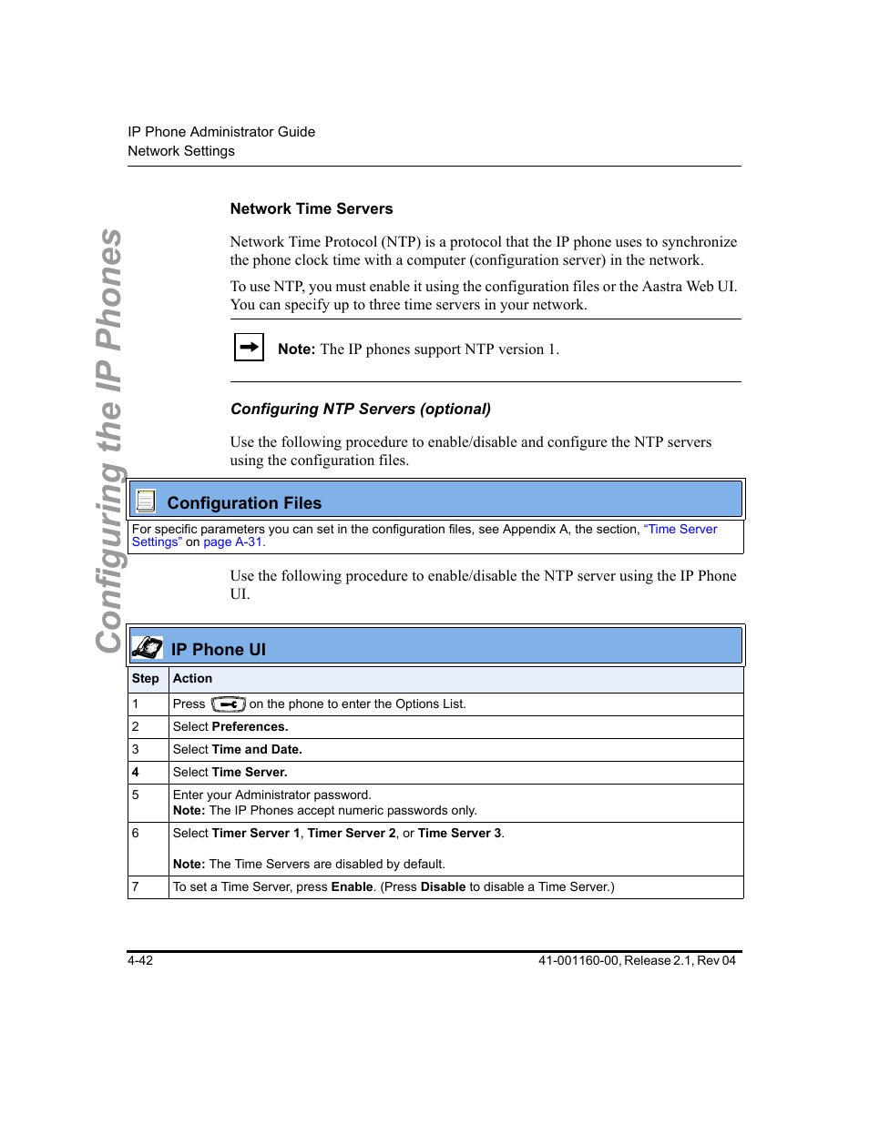 Network time servers, Configuring ntp servers (optional), Configuring the ip phones | Aastra Telecom SIP 57I User Manual | Page 166 / 818