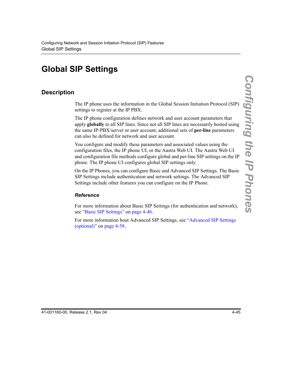 Global sip settings, Description, Reference | Global sip settings -44, Description -44, Configuring the ip phones | Aastra Telecom SIP 57I User Manual | Page 169 / 818