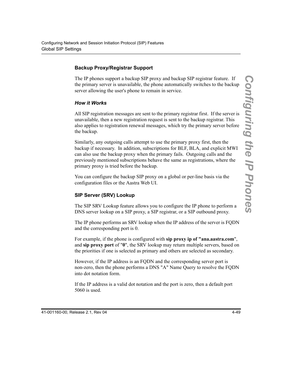 Backup proxy/registrar support, How it works, Sip server (srv) lookup | Configuring the ip phones | Aastra Telecom SIP 57I User Manual | Page 173 / 818