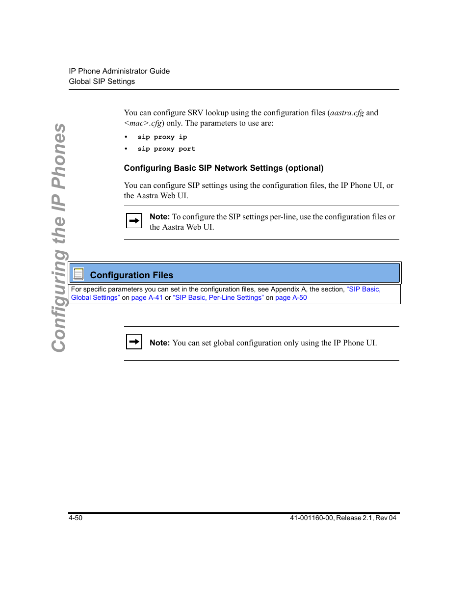 Configuring basic sip network settings (optional), Configuring the ip phones | Aastra Telecom SIP 57I User Manual | Page 174 / 818