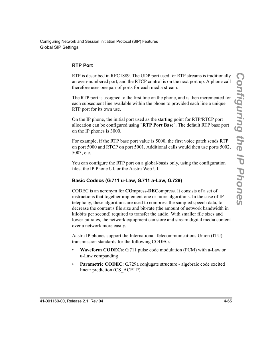 Rtp port, Basic codecs (g.711 u-law, g.711 a-law, g.729), Configuring the ip phones | Aastra Telecom SIP 57I User Manual | Page 189 / 818