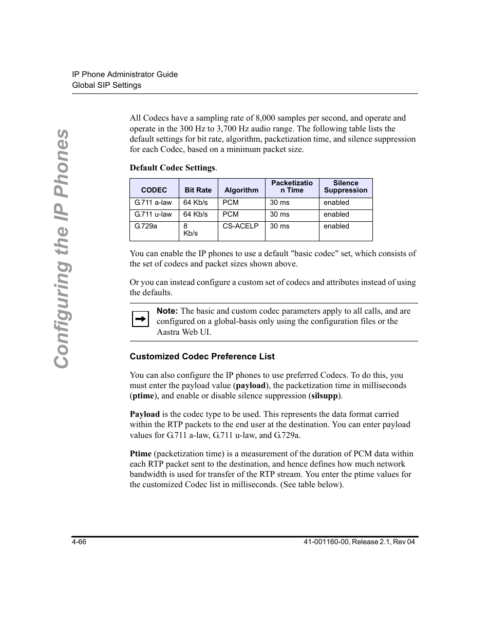 Customized codec preference list, Configuring the ip phones | Aastra Telecom SIP 57I User Manual | Page 190 / 818