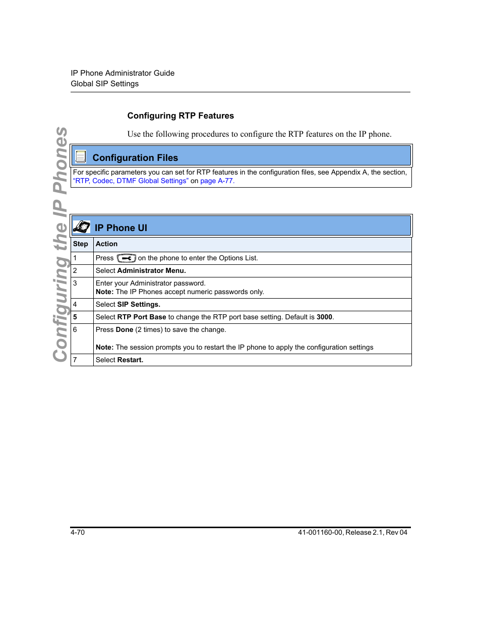 Configuring rtp features, Configuring the ip phones | Aastra Telecom SIP 57I User Manual | Page 194 / 818
