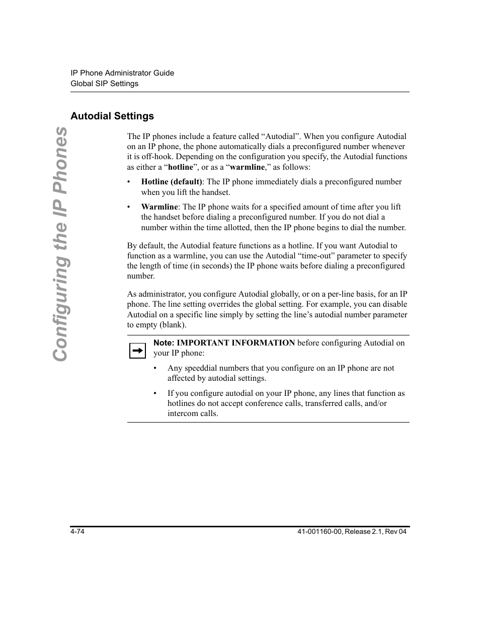Autodial settings, Autodial settings -73, Configuring the ip phones | Aastra Telecom SIP 57I User Manual | Page 198 / 818