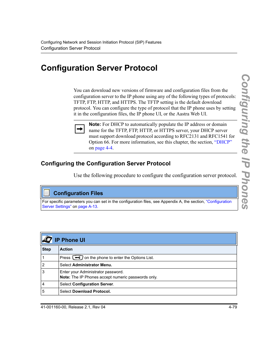 Configuration server protocol, Configuring the configuration server protocol, Configuration server protocol -78 | Configuring the configuration server protocol -78, Ction, Configuring the configuration, Server protocol, Configuring the ip phones | Aastra Telecom SIP 57I User Manual | Page 203 / 818