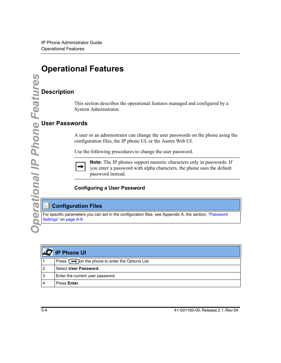 Operational features, Description, User passwords | Configuring a user password, Operational features -4, Description -4, User passwords -4, Operational ip phone features | Aastra Telecom SIP 57I User Manual | Page 214 / 818