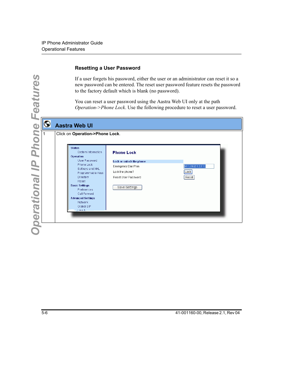 Resetting a user password, Operational ip phone features | Aastra Telecom SIP 57I User Manual | Page 216 / 818
