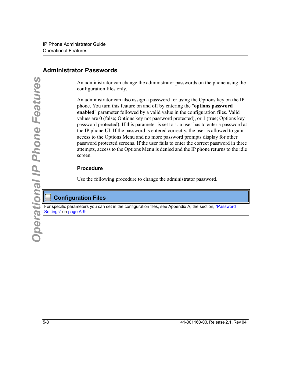Administrator passwords, Procedure, Administrator passwords -8 | Operational ip phone features | Aastra Telecom SIP 57I User Manual | Page 218 / 818