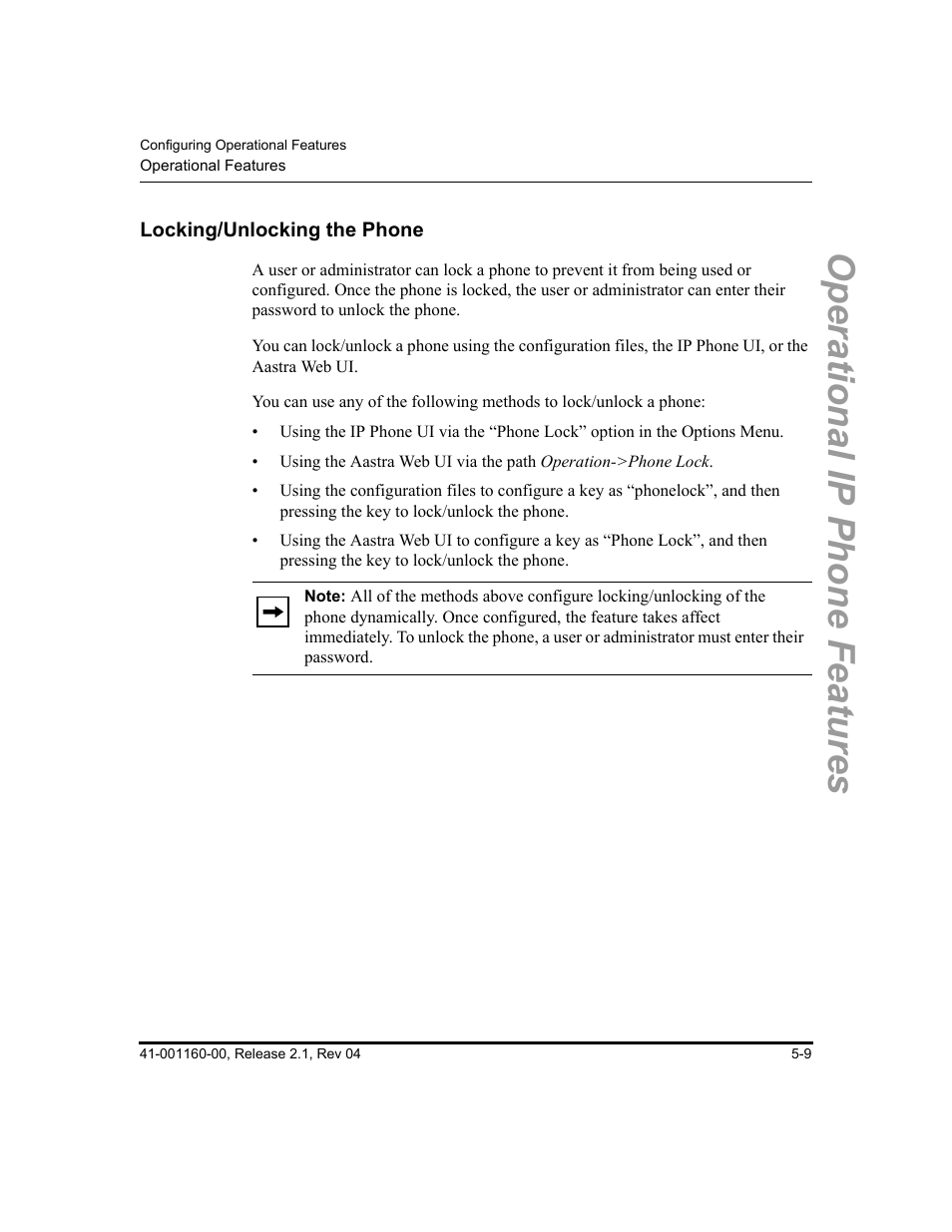 Locking/unlocking the phone, Locking/unlocking the phone -9, Operational ip phone features | Aastra Telecom SIP 57I User Manual | Page 219 / 818