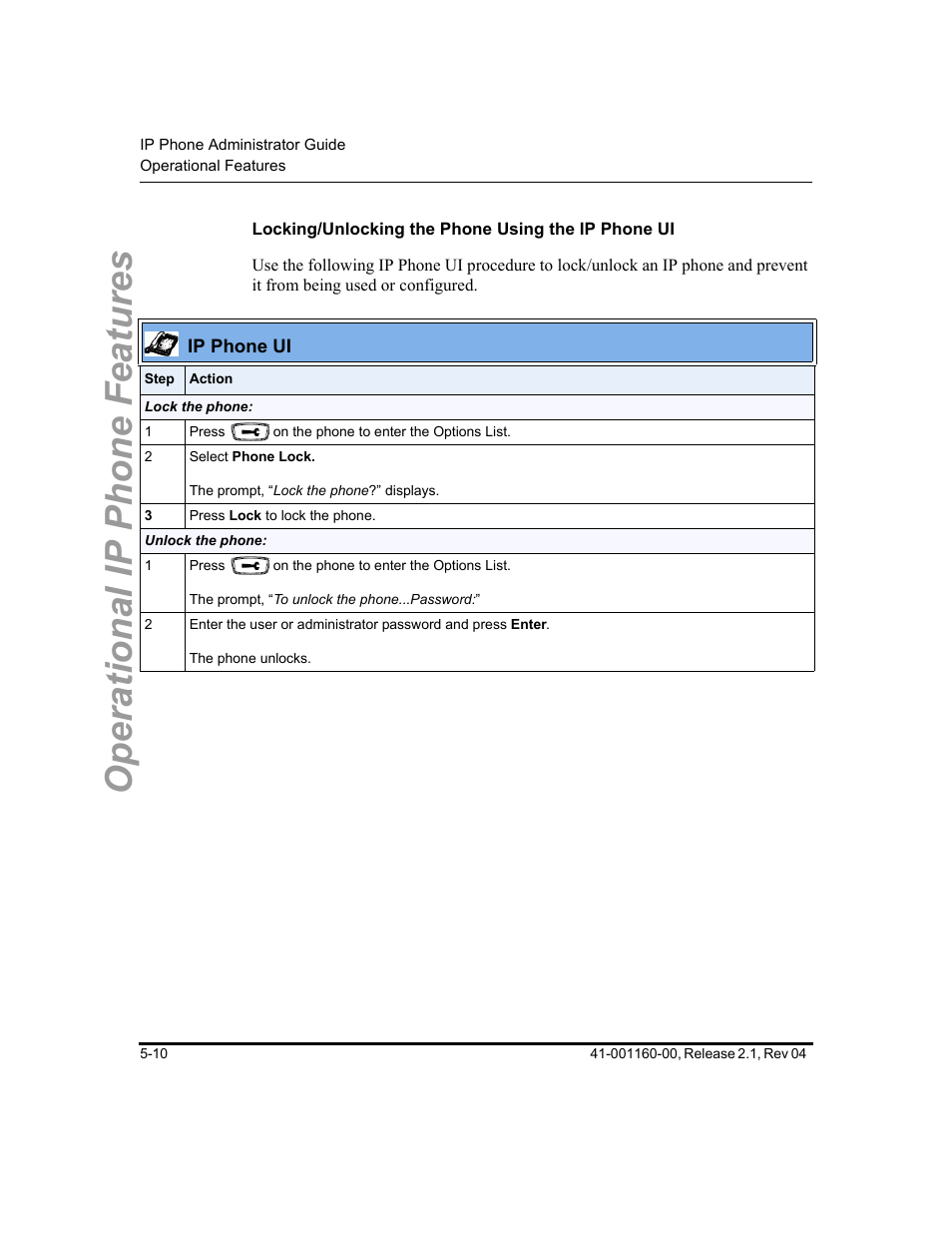 Locking/unlocking the phone using the ip phone ui, Operational ip phone features | Aastra Telecom SIP 57I User Manual | Page 220 / 818