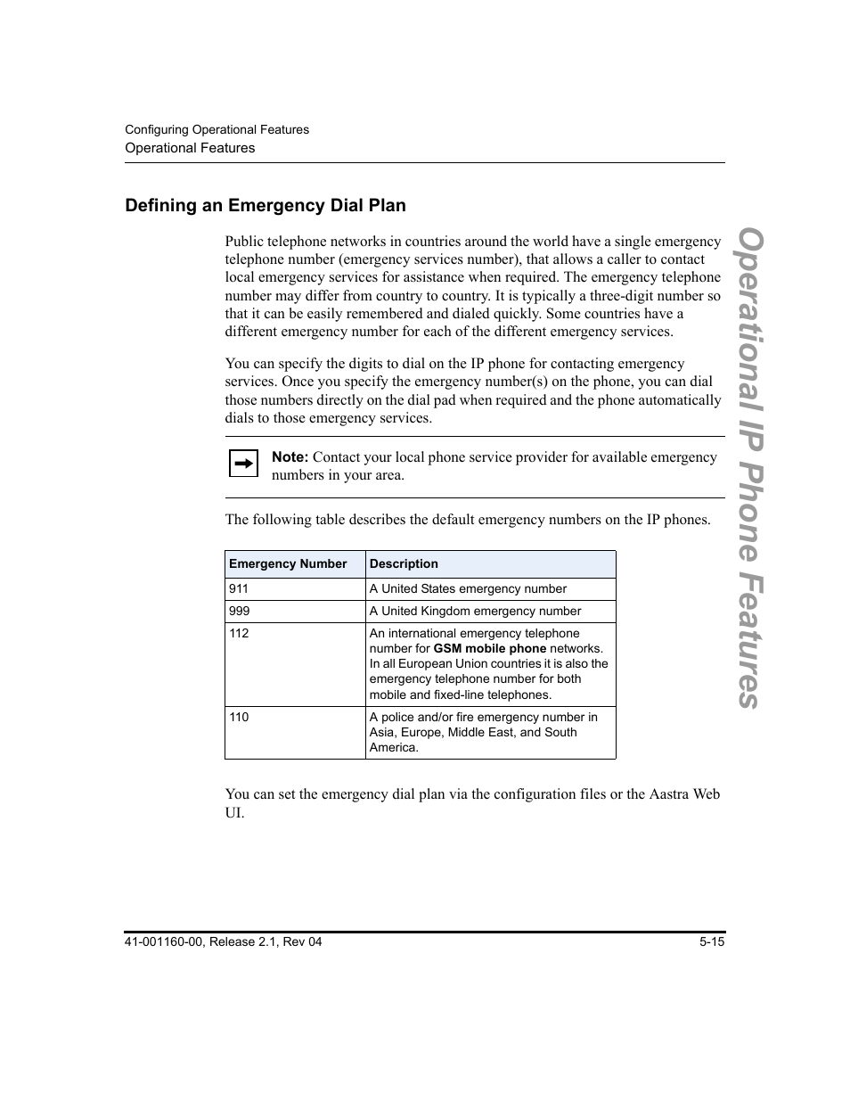 Defining an emergency dial plan, Defining an emergency dial plan -15, Operational ip phone features | Aastra Telecom SIP 57I User Manual | Page 225 / 818