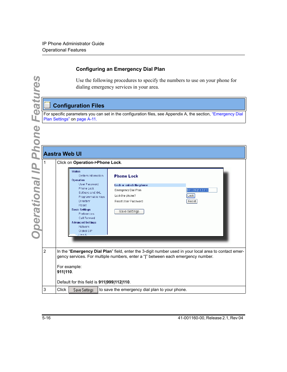 Configuring an emergency dial plan, Operational ip phone features | Aastra Telecom SIP 57I User Manual | Page 226 / 818