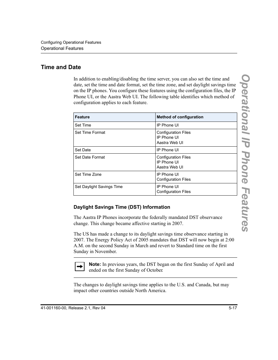 Time and date, Daylight savings time (dst) information, Time and date -17 | Operational ip phone features | Aastra Telecom SIP 57I User Manual | Page 227 / 818