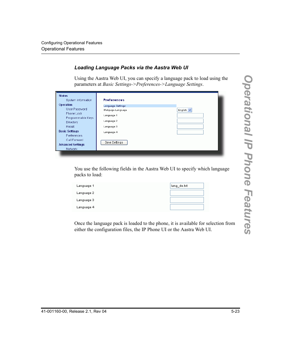 Loading language packs via the aastra web ui, Operational ip phone features | Aastra Telecom SIP 57I User Manual | Page 233 / 818
