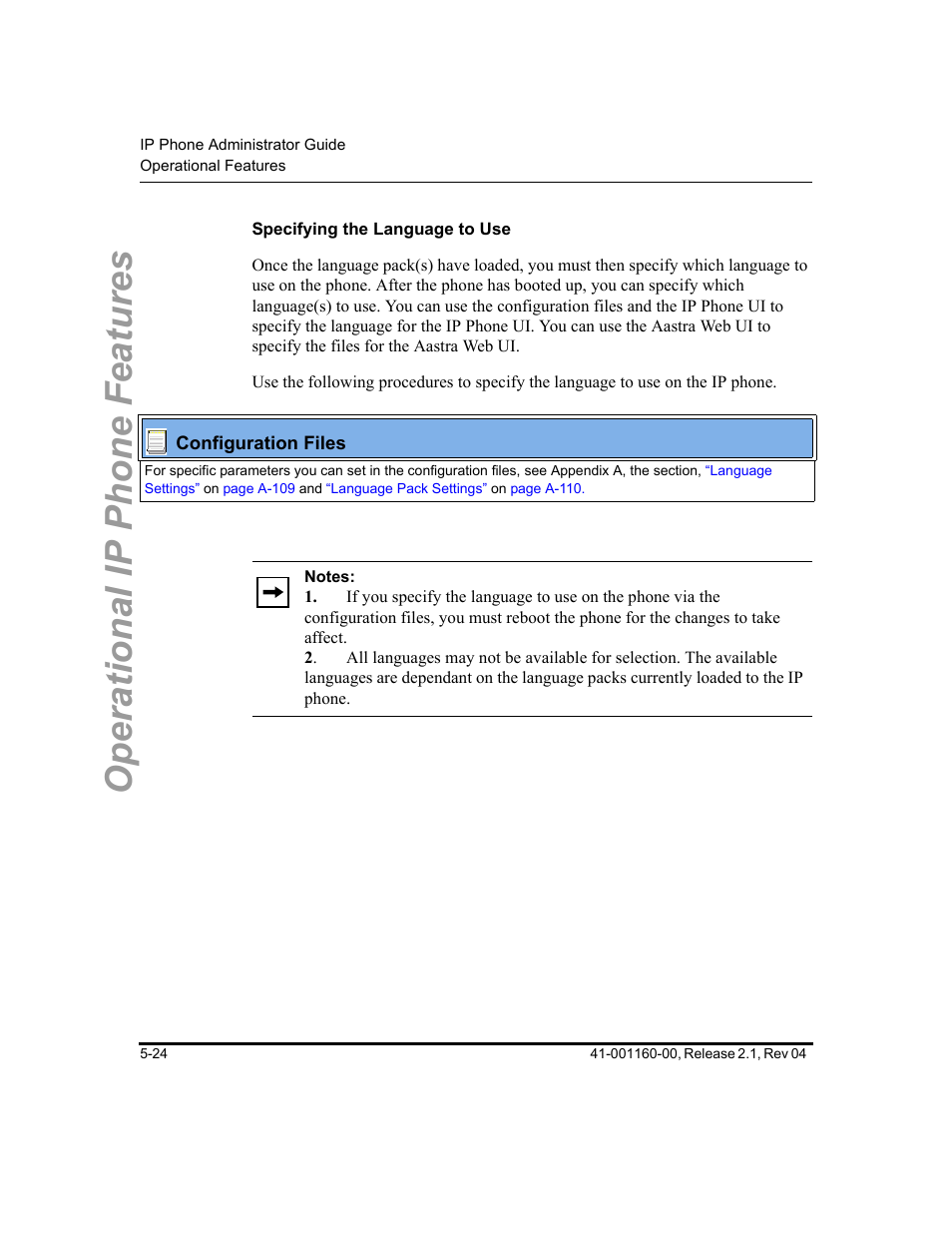 Specifying the language to use, Operational ip phone features | Aastra Telecom SIP 57I User Manual | Page 234 / 818