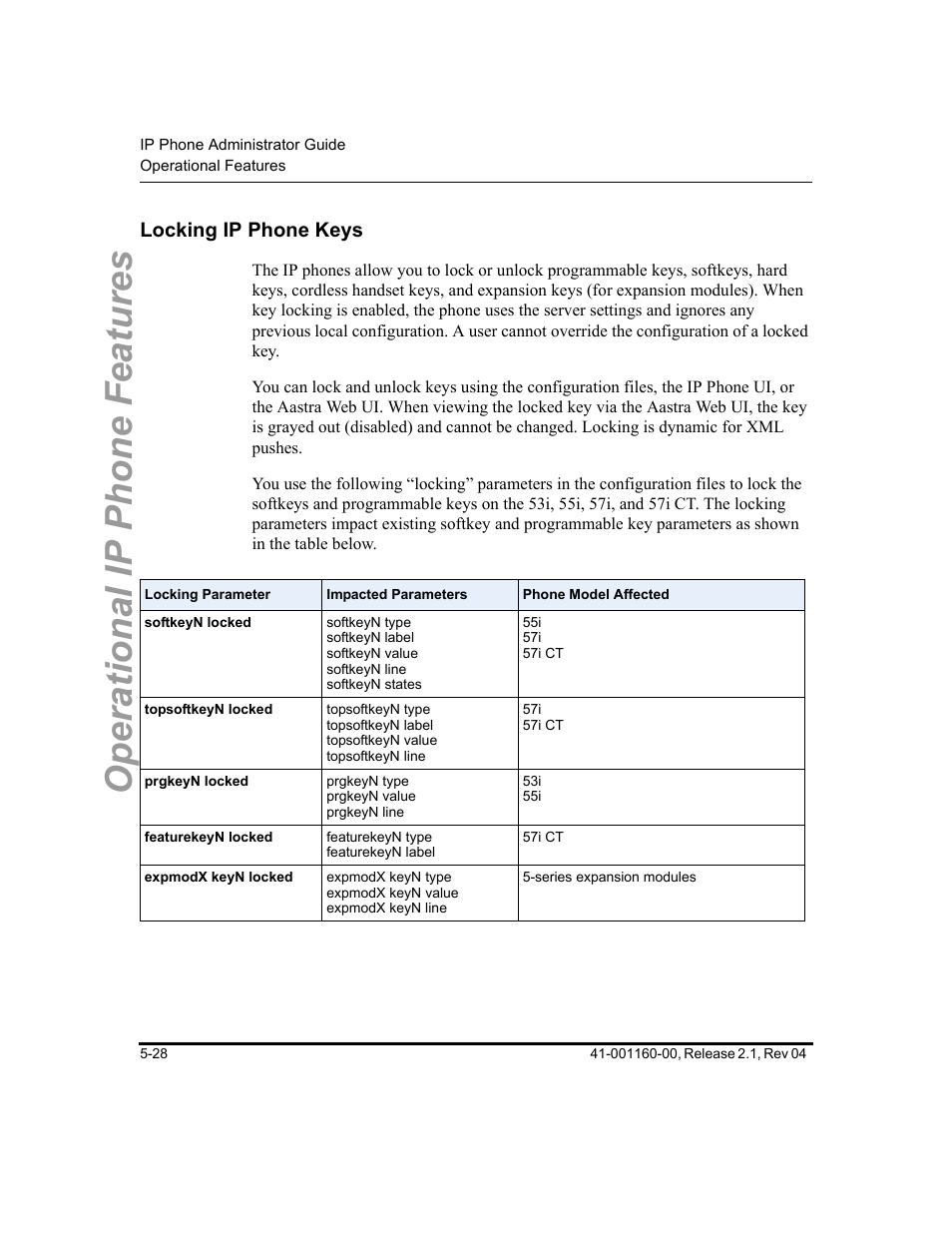 Locking ip phone keys, Locking ip phone keys -28, Operational ip phone features | Aastra Telecom SIP 57I User Manual | Page 238 / 818