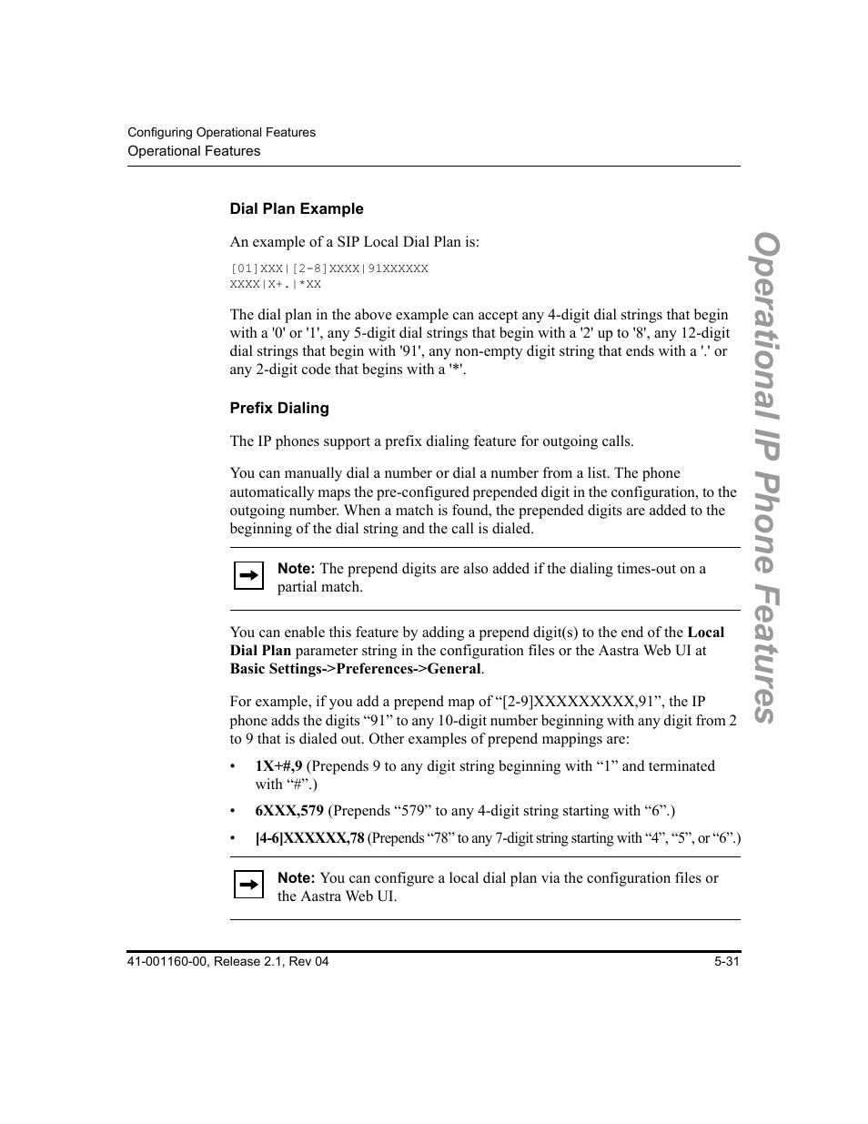 Dial plan example, Prefix dialing, Operational ip phone features | Aastra Telecom SIP 57I User Manual | Page 241 / 818