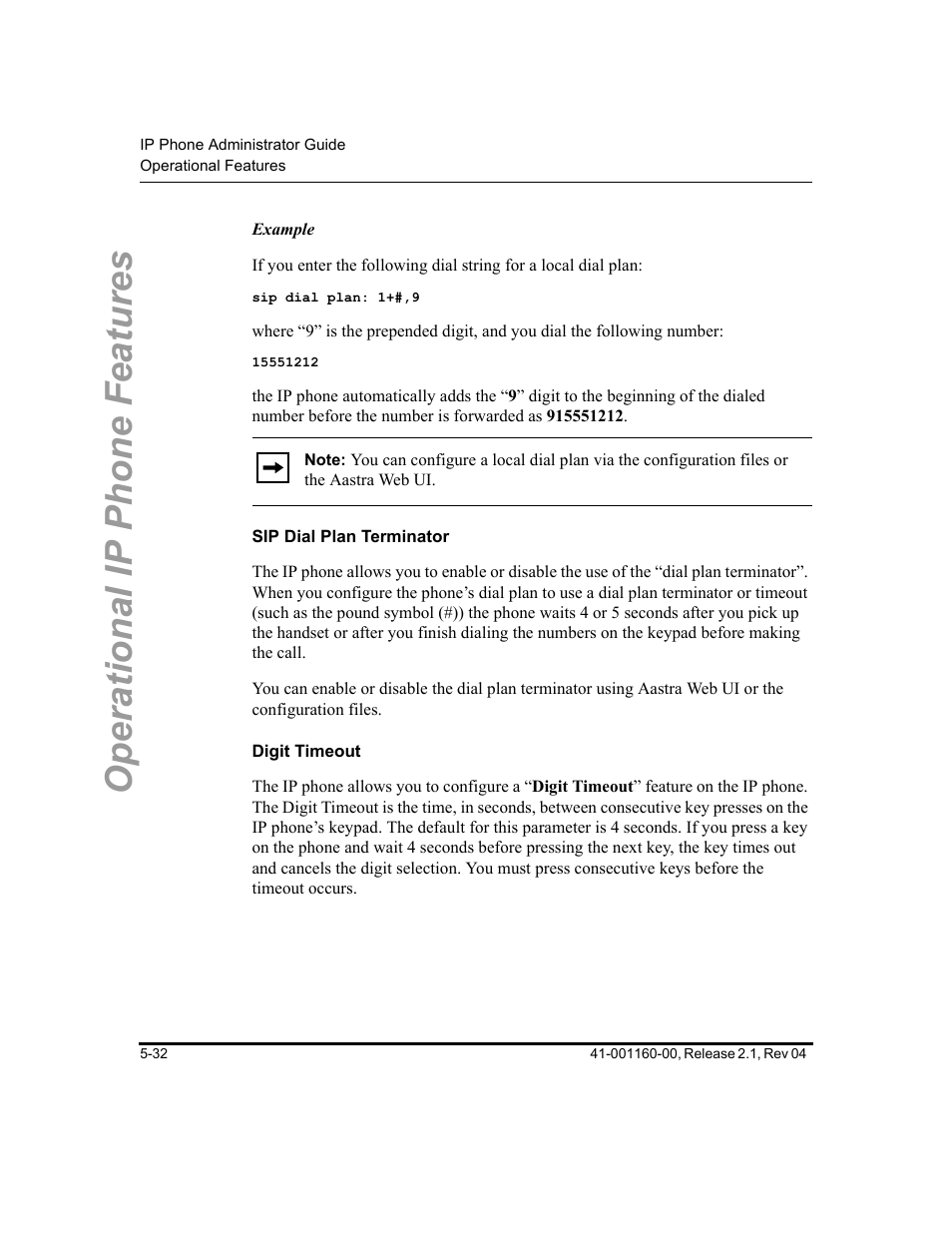 Sip dial plan terminator, Digit timeout, Feature, see | Sip dial, Plan terminator, Digit, Timeout, Operational ip phone features | Aastra Telecom SIP 57I User Manual | Page 242 / 818